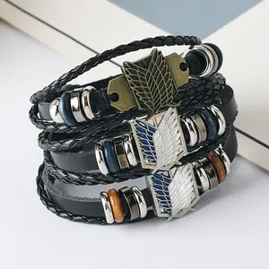 Animation Attack on Titan badge Wings of Liberty bracelet, Cowhide bracelet vintage multi-layer bracelet Maximalist Jewelry