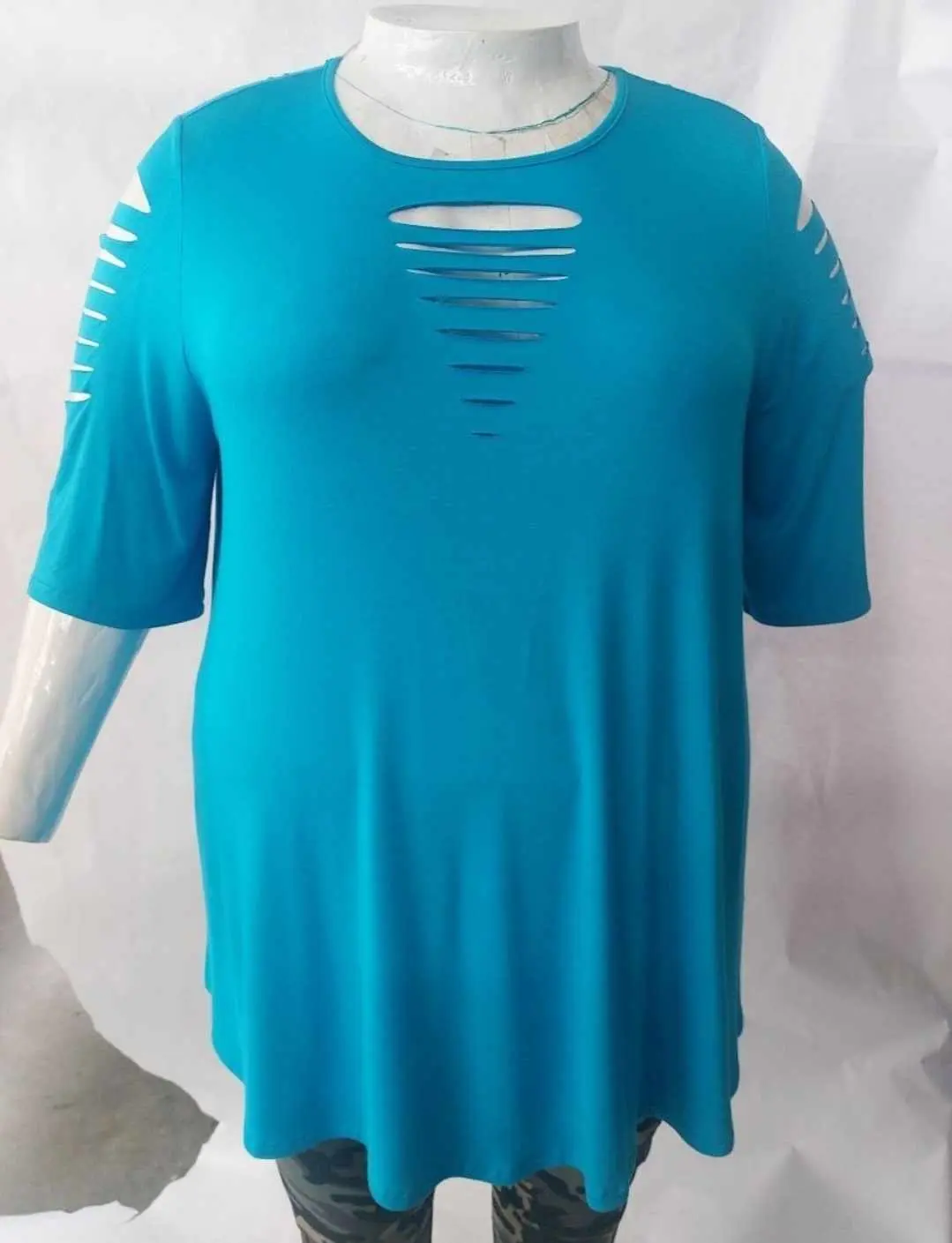 Women's Casual Blue Shredded PSFU T-Shirt Top