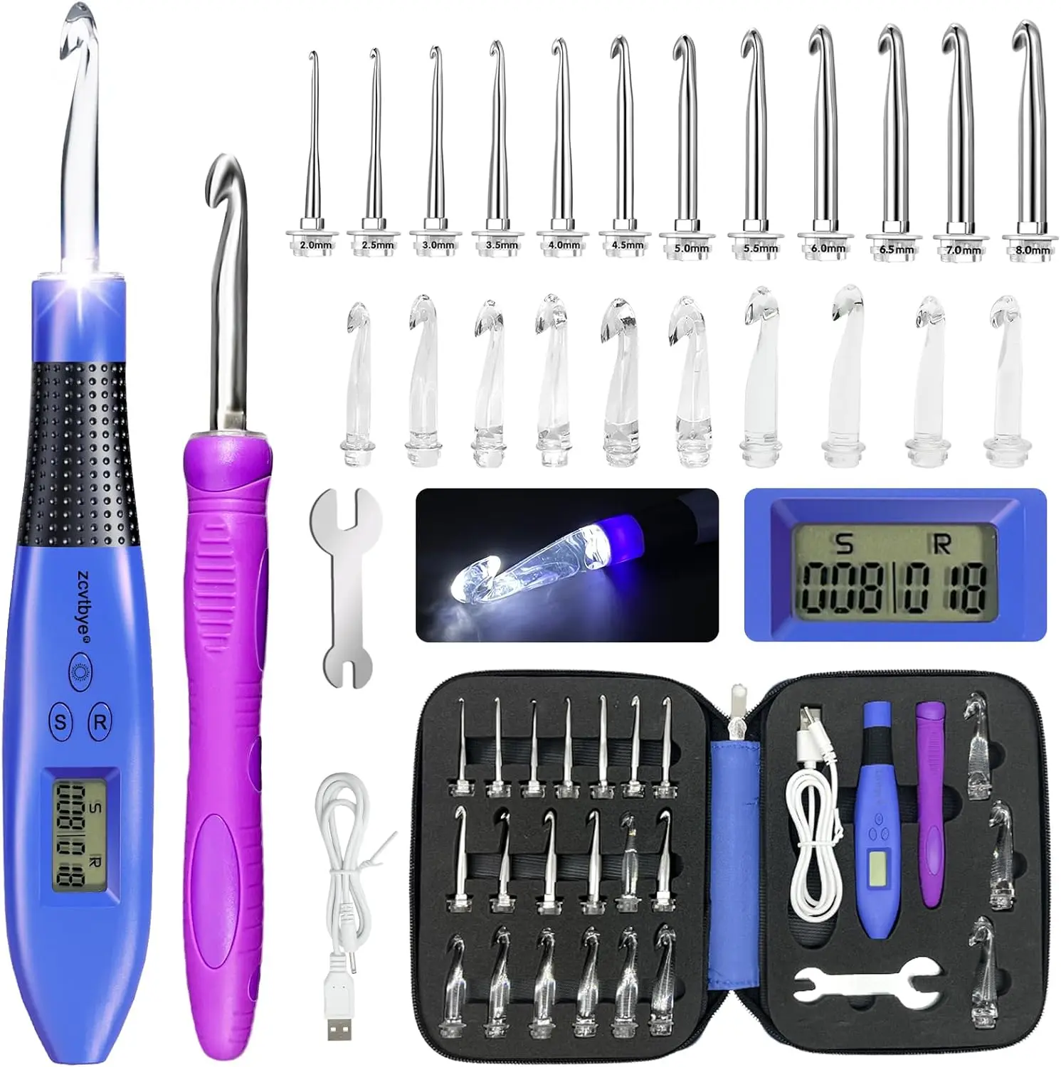 22 Size Crochet Hook Set with Light & Digital Counter,  for  Hands, 2.014.0 mm Interchangeable Hooks, Rechargeable and Beginner-Friendly