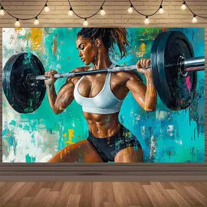 1pc 2D Flat Motivational Weightlifting Woman Art Print - Abstract Colorful Gym Wall Decoration, Durable Polyester Fitness Photo Backdrop, Artistic Room Decor, Multiple Sizes for Home & Party Banner, Bold Brushstrokes