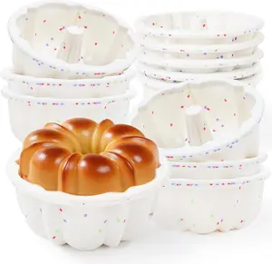12 Pcs 4 Inch BPA Free Silicone Mini Fluted Tube Cake Pans Nonstick Reusable Flan Jello Molds with Metal Frame for Home Baking Small Business (Cream)