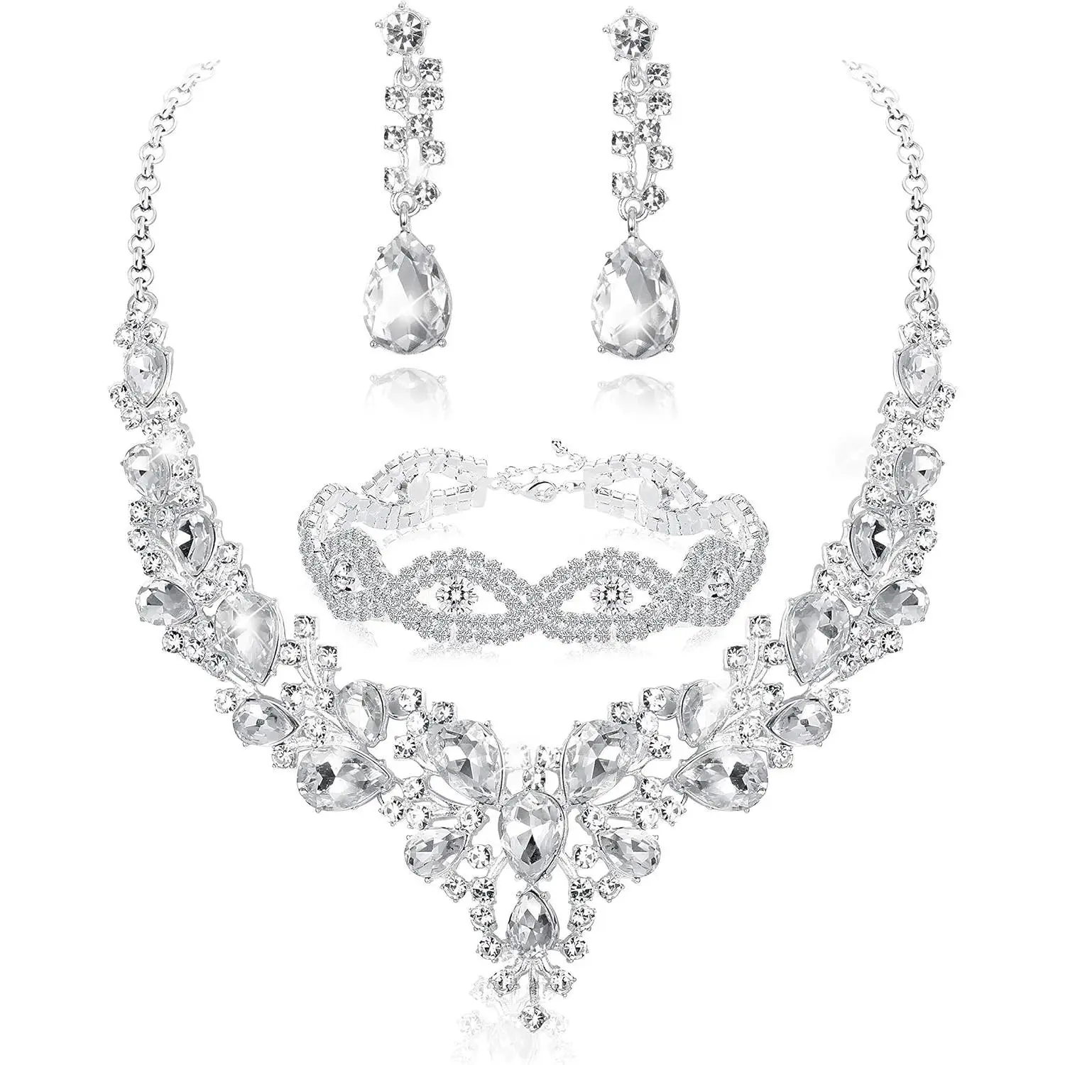 FIASASO Women's Bridal Rhinestone Jewelry Set - Necklace, Dangle Earrings, Bracelet with Chain, for Bride, Prom Accessories