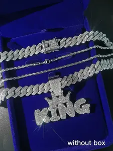 Men's Street Charm Crown & King Pendant, Thick Iced Out Bling Chain, Cuban Link Layered Necklace, Rapper Jewelry Accessory, Necklace Set