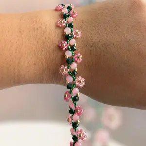 Pink and Green Vine Daisy Beaded Bracelet Handcrafted Jewelry for Women