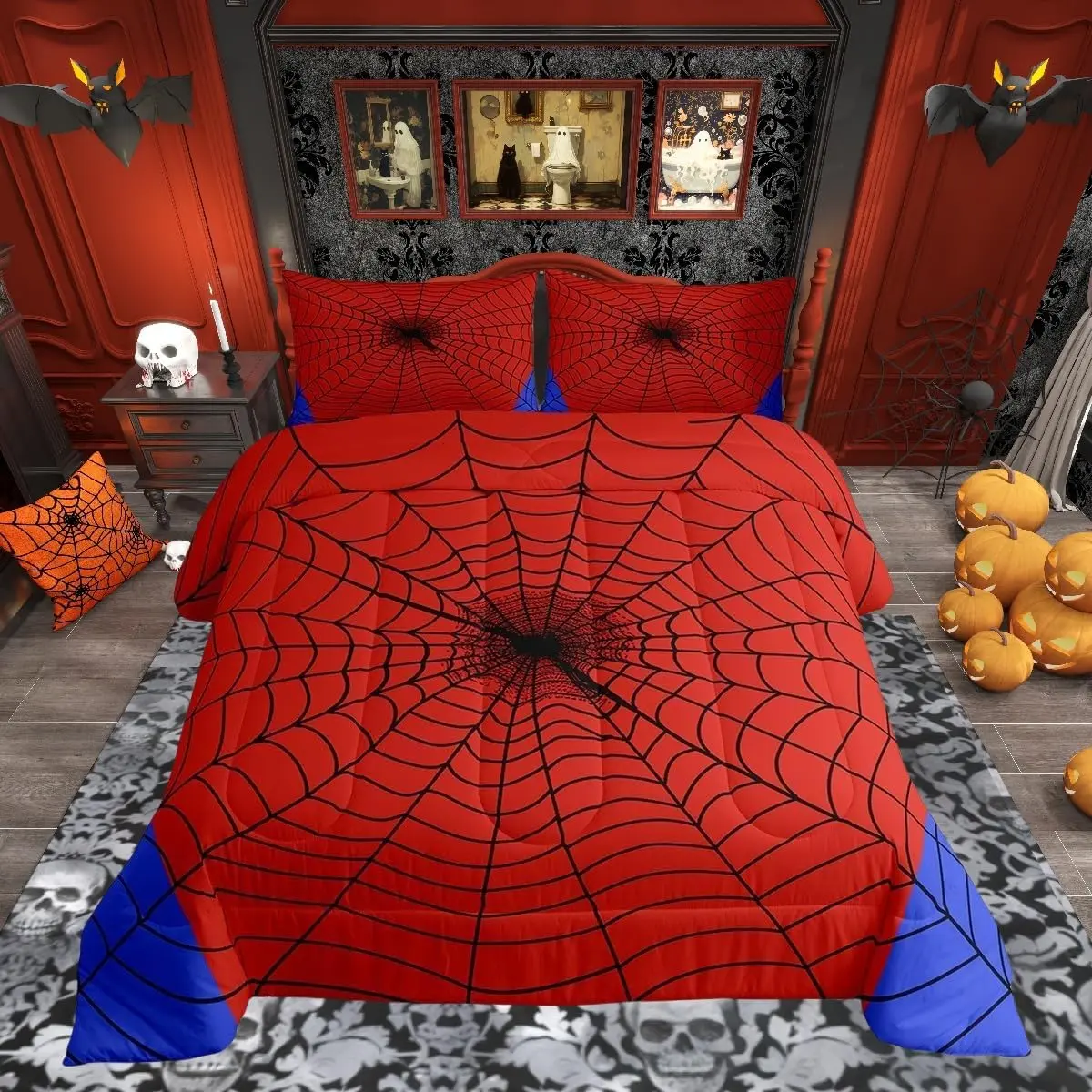 Happy Halloween Comforter Set,Spider Web Animals Insect Rustic Bedding Set Women Men Room Decor,Spider Web Farmhouse Down Comforter,Red Black Duvet Insert