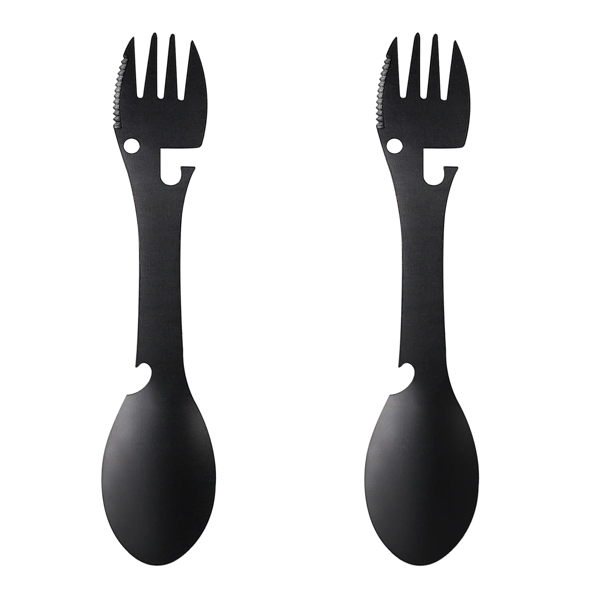 2-Pack Foldable All-in-1 Tactical Metal Spork Multi-Tool Eating Utensils - Serrated Edge, Opener, Portable Size, Accessory Kit for Camping, Emergency Use
