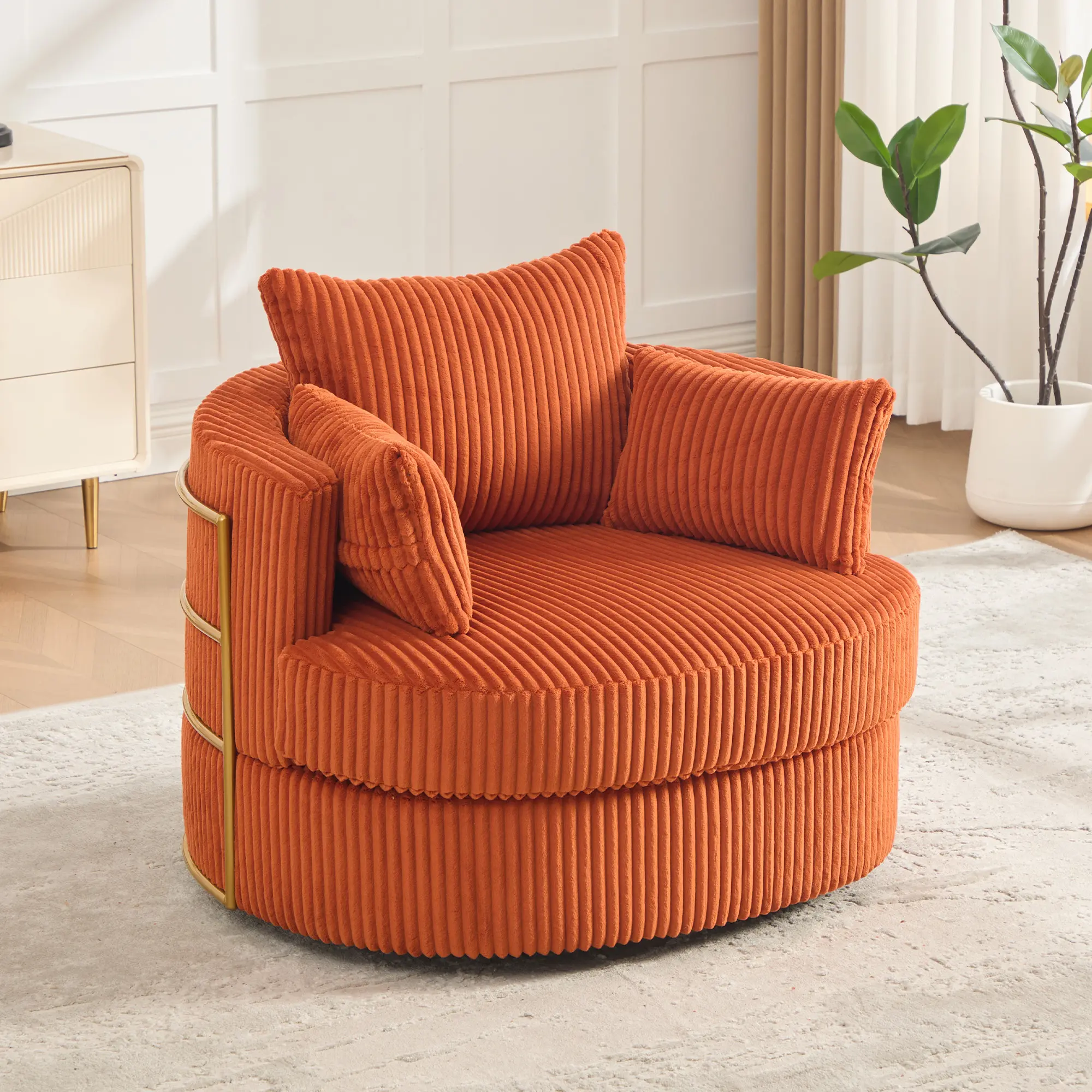 Oversize Corduroy Swivel Barrel Chair with Storage, Round Accent Chair with 3 Pillows, Modern Oversized Armchair with Metal Frame for Living Room Bedroom Nursery, 300lbs Capacity