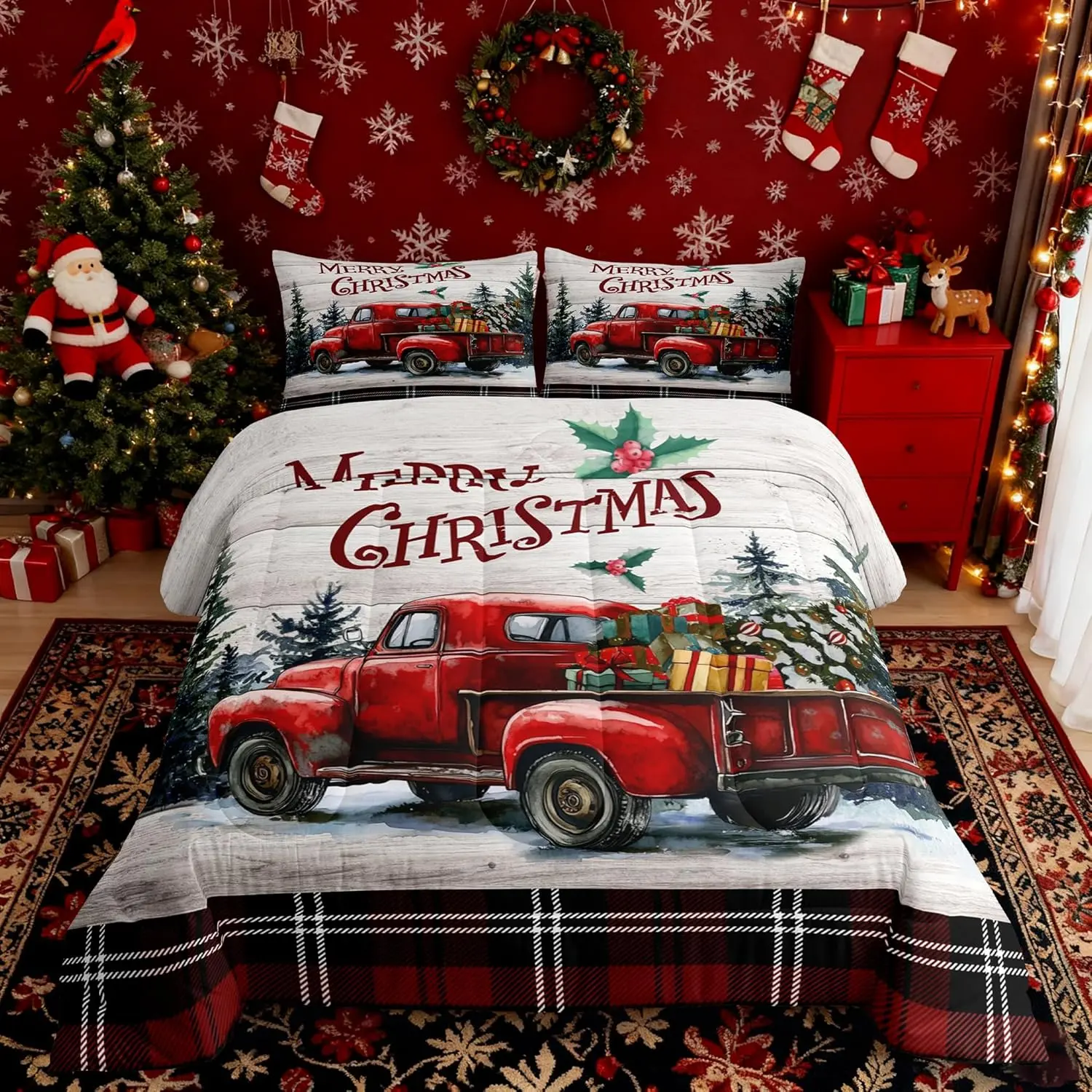 Merry Christmas Comforter Set Vintage Xmas Truck Quilt Set Red Black Checkered Bedding Set for Kids Girls Boys Bedroom Decor,Rustic Farmhouse Wood Duvet Insert