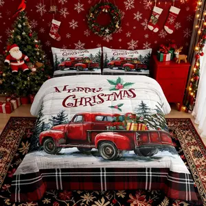 Merry Christmas Comforter Set Vintage Xmas Truck Quilt Set Red Black Checkered Bedding Set for Kids Girls Boys Bedroom Decor,Rustic Farmhouse Wood Duvet Insert