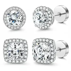 Women's LUZHEN Halo Synthetic Rhinestone Earrings Studs 4-Pack - Gold & Silver Round/Square, Hypoallergenic Copper-Plated Stainless Steel, Exquisite Workmanship, Comfortable Daily Wear, Jewelry Box Included, Birthday Gifts, High Quality Earrings