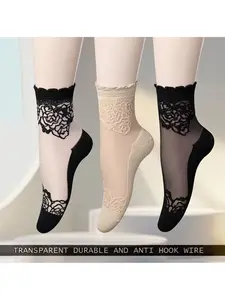 Women's Thin Transparent Sheer Lace Socks, Comfortable Breathable Anti-Slip Casual Everyday Boat Socks, Pack of 3, Perfect for Daily Wear