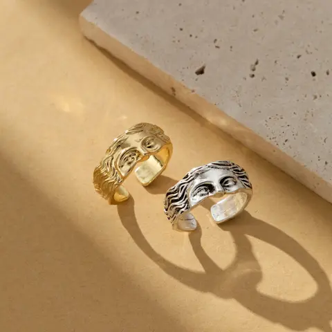 Men and women vintage half face open ring, ancient Greek faith index finger ring, fashion accessories creative gifts