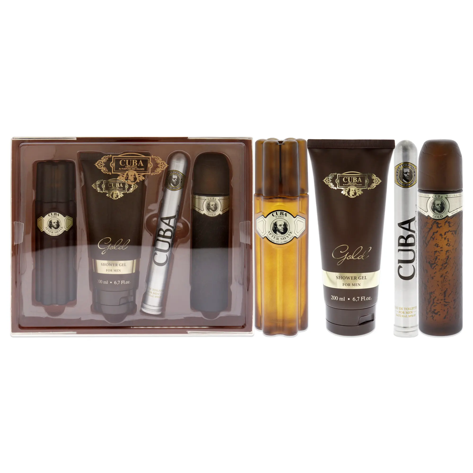 Cuba Gold by Cuba for Men - 4 Pc Gift Set 3.3oz EDT Spray, 1.17oz EDT Spray, 3.3oz After Shave, 6.7oz Fragrance Cologne
