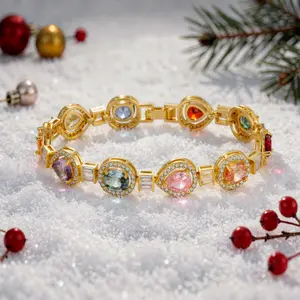 Turandoss 14K Gold Plated Gemstone Tennis Bracelet, Adjustable Colored Multi-Gem Bracelet for Women, Valentine’s Gift, Plus Size Friendly