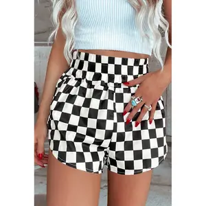 Black Checkered Print High Waist Casual Shorts