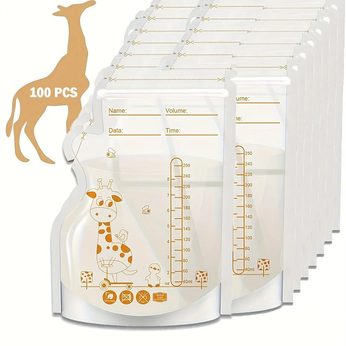100pcs Breast Milk Storage Bag, Portable Travel Milk Storage Container with Vertical Support Frame, Breast Milk Storage Pouch with Pouring Spout, Breast Milk Bags