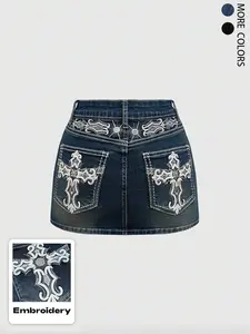 Women's Y2K Vintage Mini Denim Skirt With Pocket,Stretch Skirt,Cross & Wing Embroidery,Comfortable and Stylish  Wear