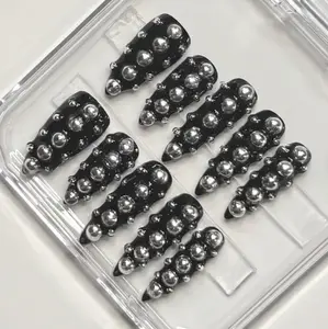 Handmade Y2K Punk Press On Nails | Black Chrome Spiked Stud Nails | Long Stiletto For Alternative Vibes