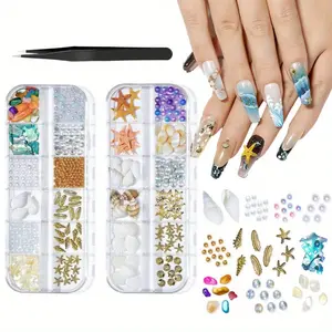 A Set of 2 Boxes Summer Beach Nail Rhinestones,Ocean Theme Shell Starfish Conch Studs & Rivets,DIY Manicure Decoration,Christmas Party Gifts,Hand Tools Kits