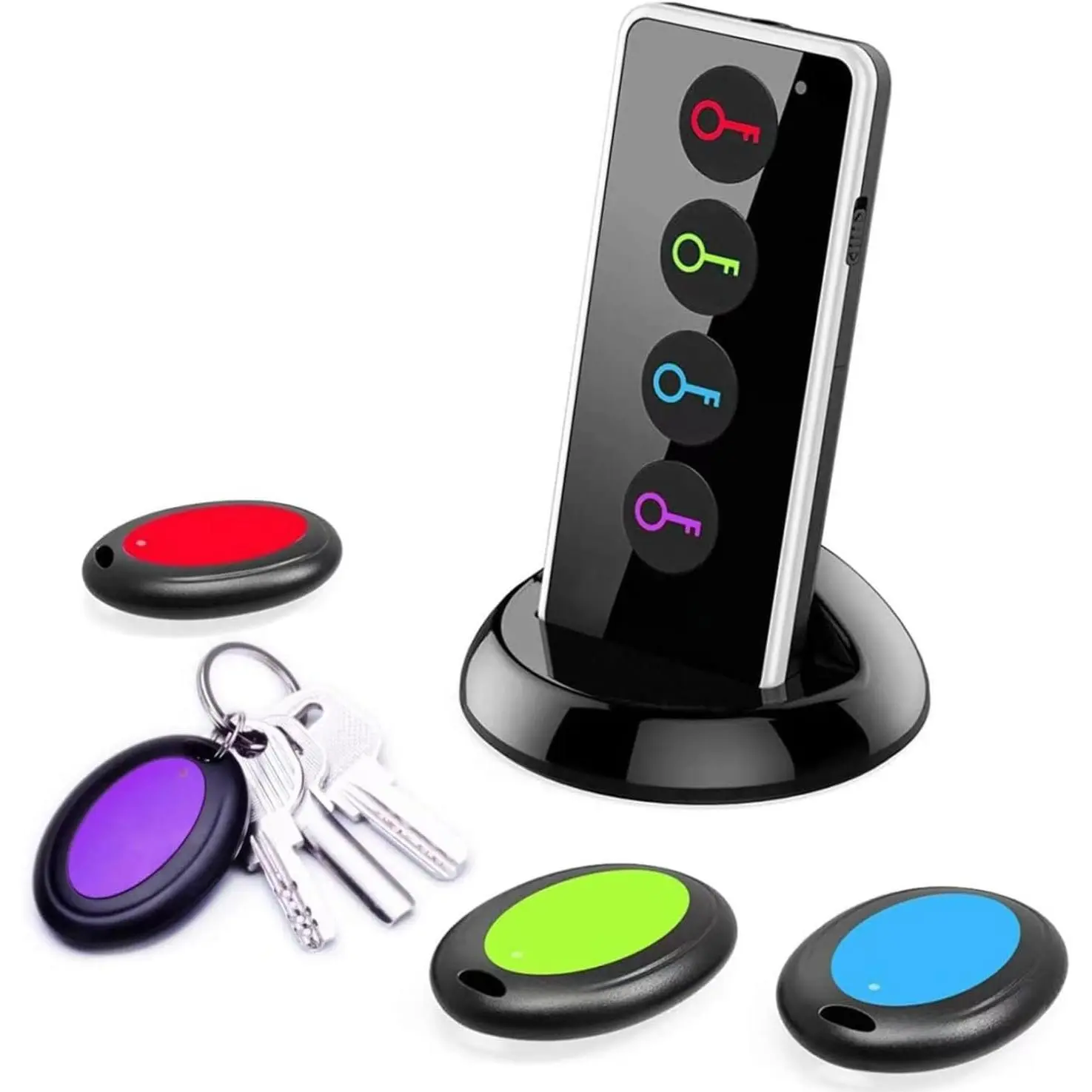 RF Key Finder Electronic Gadget - 80dB+ Wireless Tag Luggage Tracker, 131ft Working Range, Button-Controlled Remote, 1 Transmitter & 4 Receivers, Ultra-Long Life, LED Flashlight for Mobile, Wallet, Glasses