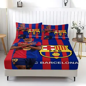 Barcelona Football Club Pattern Bed Sheet, Comfortable Printed Pattern, Includes 1 Bed Sheet and 2 Pillowcases, Comfortable Bedding, Secure Fitted Sheets, Non slip Dust Cover Suitable for Bedrooms and Rooms, Suitable for Children or Adults as Gifts