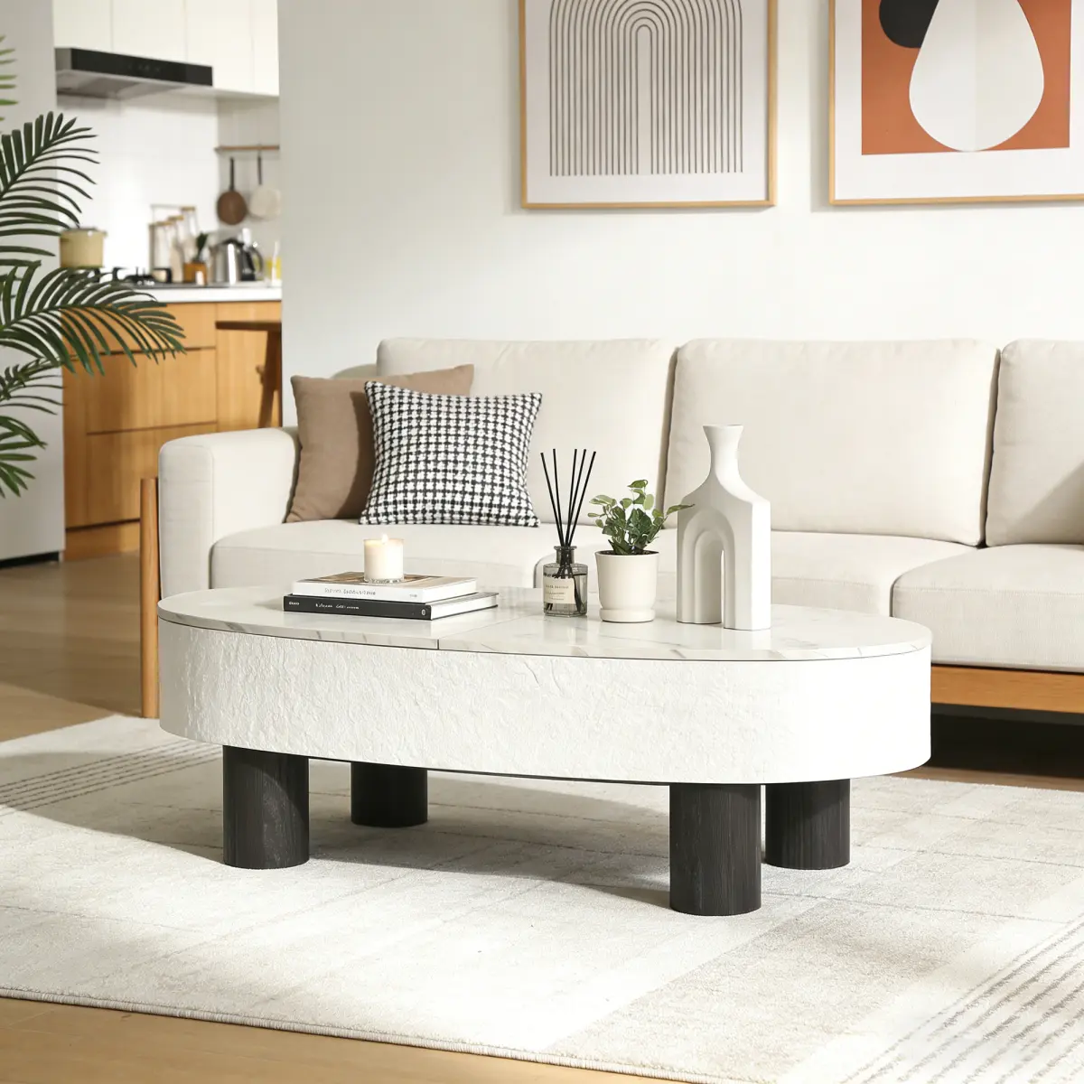 Summerwins Mid-Century Modern Oval Coffee Table - Faux Marble Tabletop, Hidden Drawer, Storage Space - Minimalist Small Desk for Living Room, Bedroom campingessentials