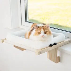 Famifit Cat Window Perch & Hammock - Durable Natural Wood Base with Soft, Removable & Washable Bed. Two Sizes, Easy to Install on Windows, Bedside, Drawers & Cabinets. (White)