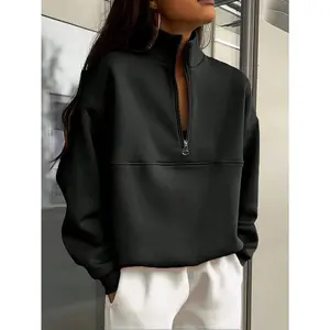 Women’s casual sports-style half-zip hoodie — solid color stand-collar long-sleeve pullover sweatshirt, autumn/winter machine-washable casual top, sweater hoodie