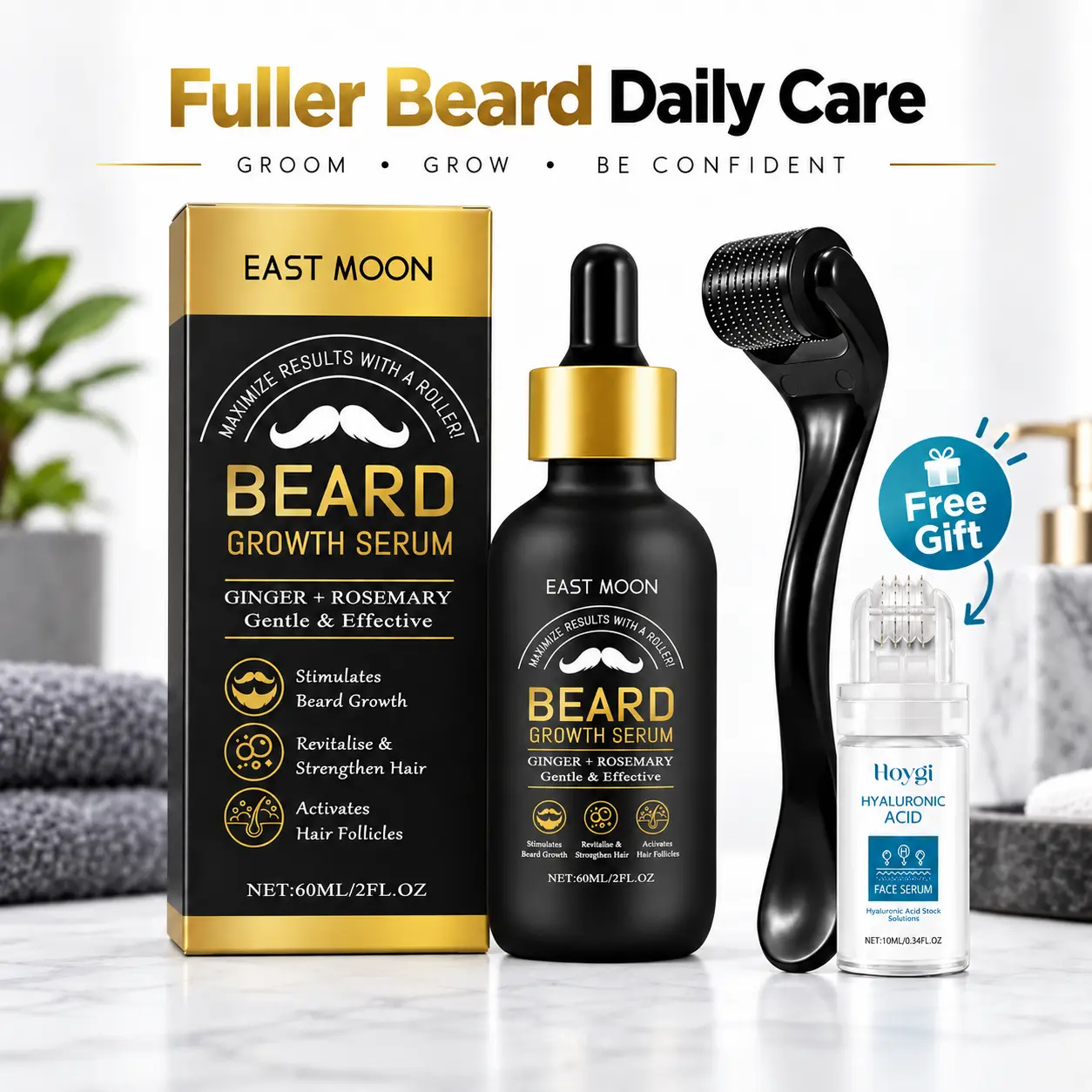 Beard Growth Kit - Beard Growth Serum & Derma Roller. 60ml Nutritional Oil for Thicker Shiny Beards, Fuller Beard Growth, Fills Patchy Spots Fast, Daily Beard Care Tools, Men's Grooming Gifts