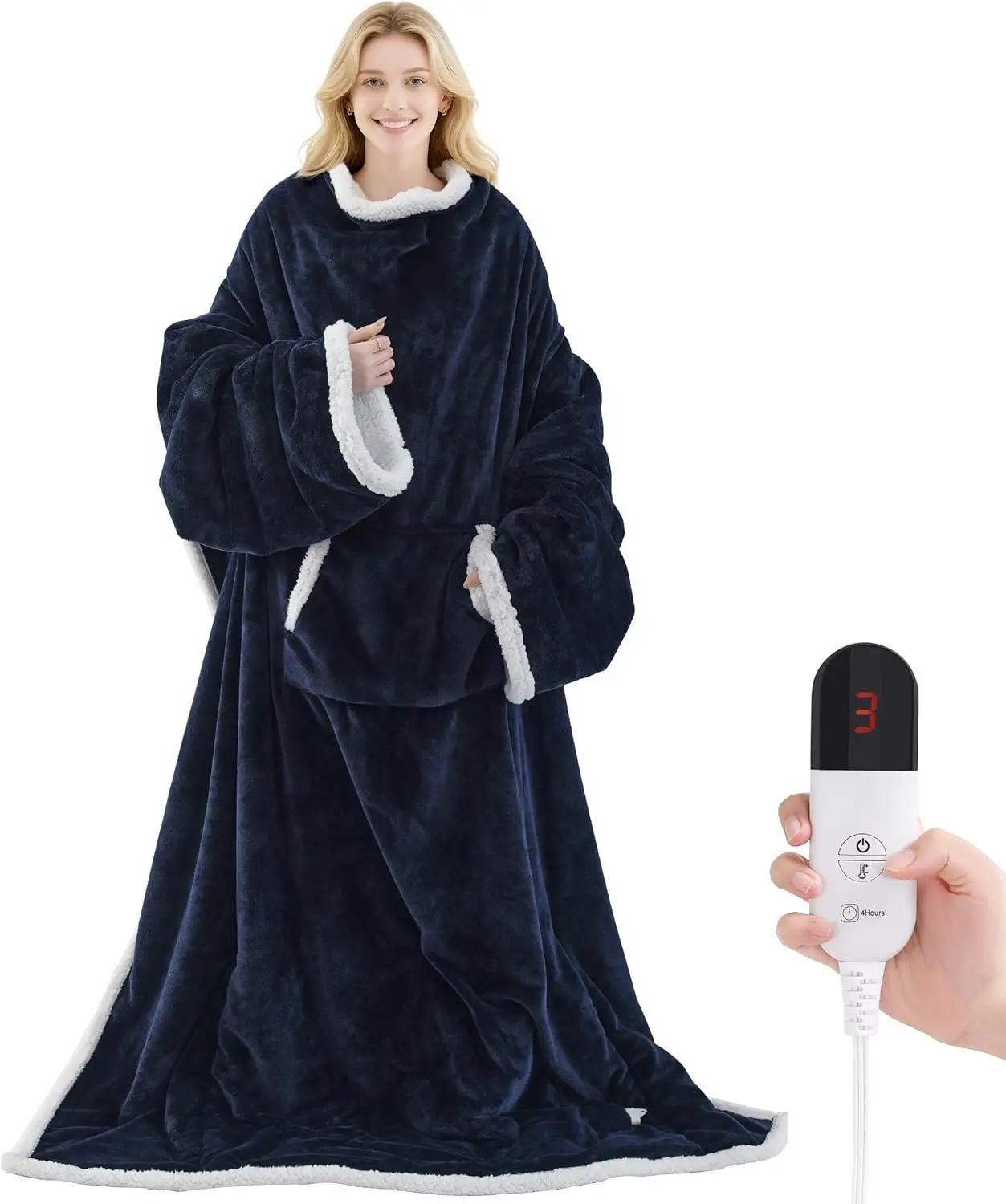 Heated Blanket Wearable Electric Blanket with Foot Pocket and Sleeves, Heating Throw Blanket, Electric Snuggle Blankets, 6 Heating Levels & 4 Hours Auto Shut Off, Machine Washable(Long, Navy Blue)
