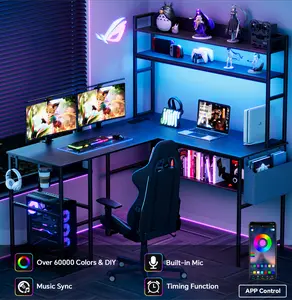 Mr IRONSTONE L Shaped Gaming Desk with LED Lights & Power Outlets Computer Desk with Office Desk with Storage Shelf, Headphone Hook,Cup Holder