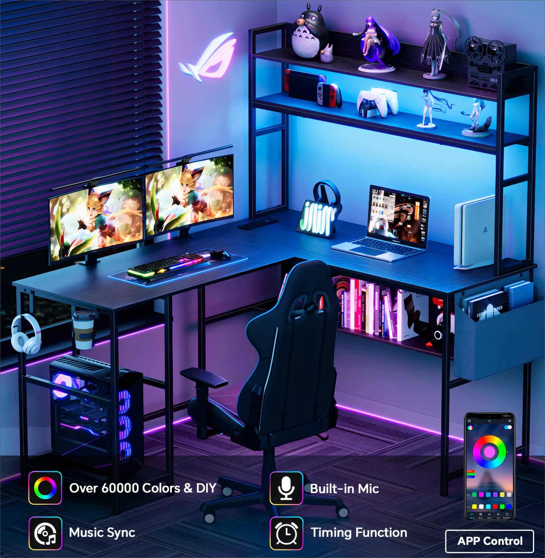 Mr IRONSTONE L Shaped Gaming Desk with LED Lights & Power Outlets Computer Desk with Office Desk with Storage Shelf, Headphone Hook,Cup Holder