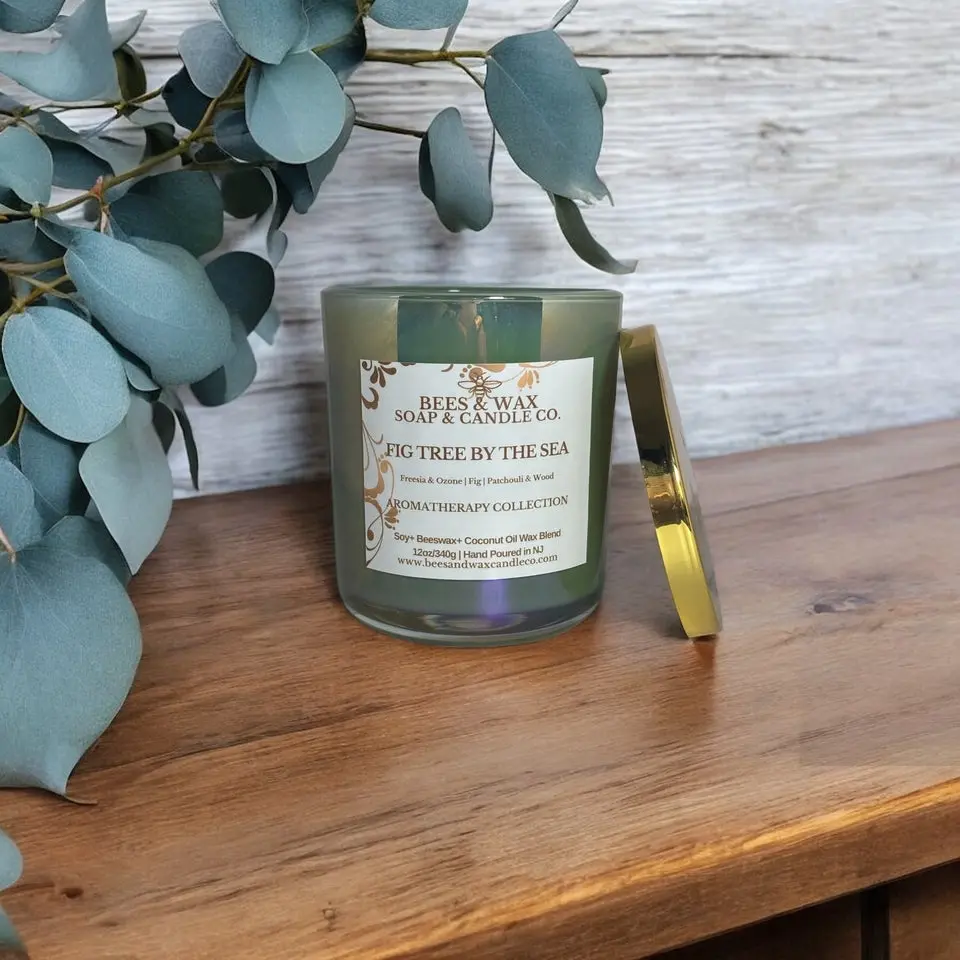 Fig Tree by the Sea Woody Floral Glass Aromatherapy Candle - All Natural, Ambiance, Anti-Stress, Aroma Candle for Home Decor & Room Use, Wooden Wick, Freesia, Ozone, Fig, Patchouli & Wood Scents, All Natural Candles, Ambiance Candles