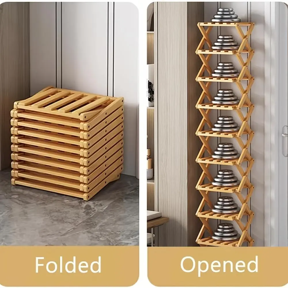 Solid Bamboo Wood Foldable Home Organizer Rack - Narrow Profile, No-Installation, 4kg Capacity, Folds Flat Single Unit for Small Apartments, Camping Essentials Storage Holder, Small Homes