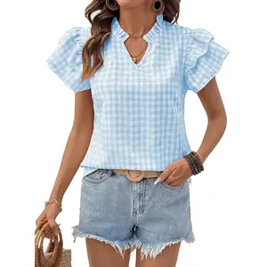 Shewin 2026 Summer Vibes Women's Casual Woven Plaid Blouse - V-Neck Short-Sleeve Loose-Fitted Simple Style Top with Ruffled Collar, Yarn-Dyed Cotton Fabric, Everyday Daily Wear Shirt,summervibes