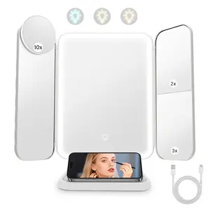 Lighted Makeup Mirror with 3 Lighting and Adjustable Brightness,2X,3X,10X Magnification, Rechargeable Trifold Vanity Mirror for Travel, Bathrooms, Desk, Home Use, Ideal Gifts for Women, LED Makeup Mirror, Led Cosmetic Mirror