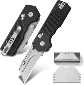 Utility Knife,Folding Box Cutter with Pocket Clip,Quick Change Blade Razor Knife with Rail Lock,Small EDC Knife with 4Pcs Extra Razor Blades,Ideal Gifts for Men Women（Black）