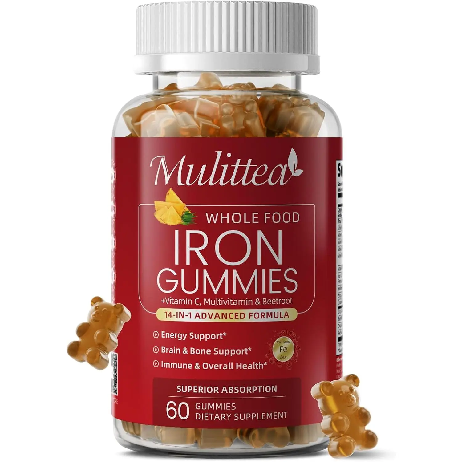 Iron Gummies for Women Men, 4-Source Iron Supplement with Vitamin C, Folate, B12, B6 & Copper, Red Blood Cell, Energy & Immune Support - Highly Absorbed, Gentle, Vegan - Pineapple Flavor - 60 Count
