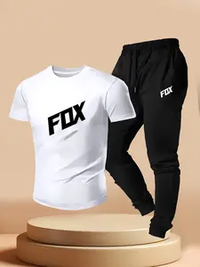 Fox Men's Summer Sports Set, Quick-Dry Breathable Short Sleeve T-Shirt & Cuffed Sweatpants Two-Piece, Youth Casual Running Fitness Trendy, Fitness Sport Outfits