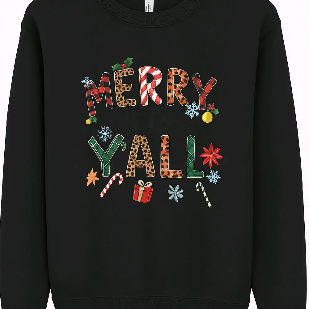 Custom-made Women's Christmas Sweater 2XL - Festive 'Merry Christma Y'all' Design with Snowflakes & Candy Canes