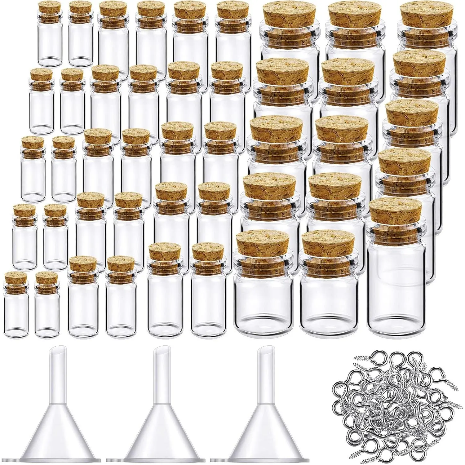 Vintage Refillable Small Glass Perfume Bottles (45 Pcs) with Cork Stoppers, Degradable Accessories, 50 Eye Screws, 3 Funnels - 0.5ml,1ml,3ml,5ml,10ml Home Organizers for DIY Beauty, Jewellery Neck Craft Projects, Refillable Bottle