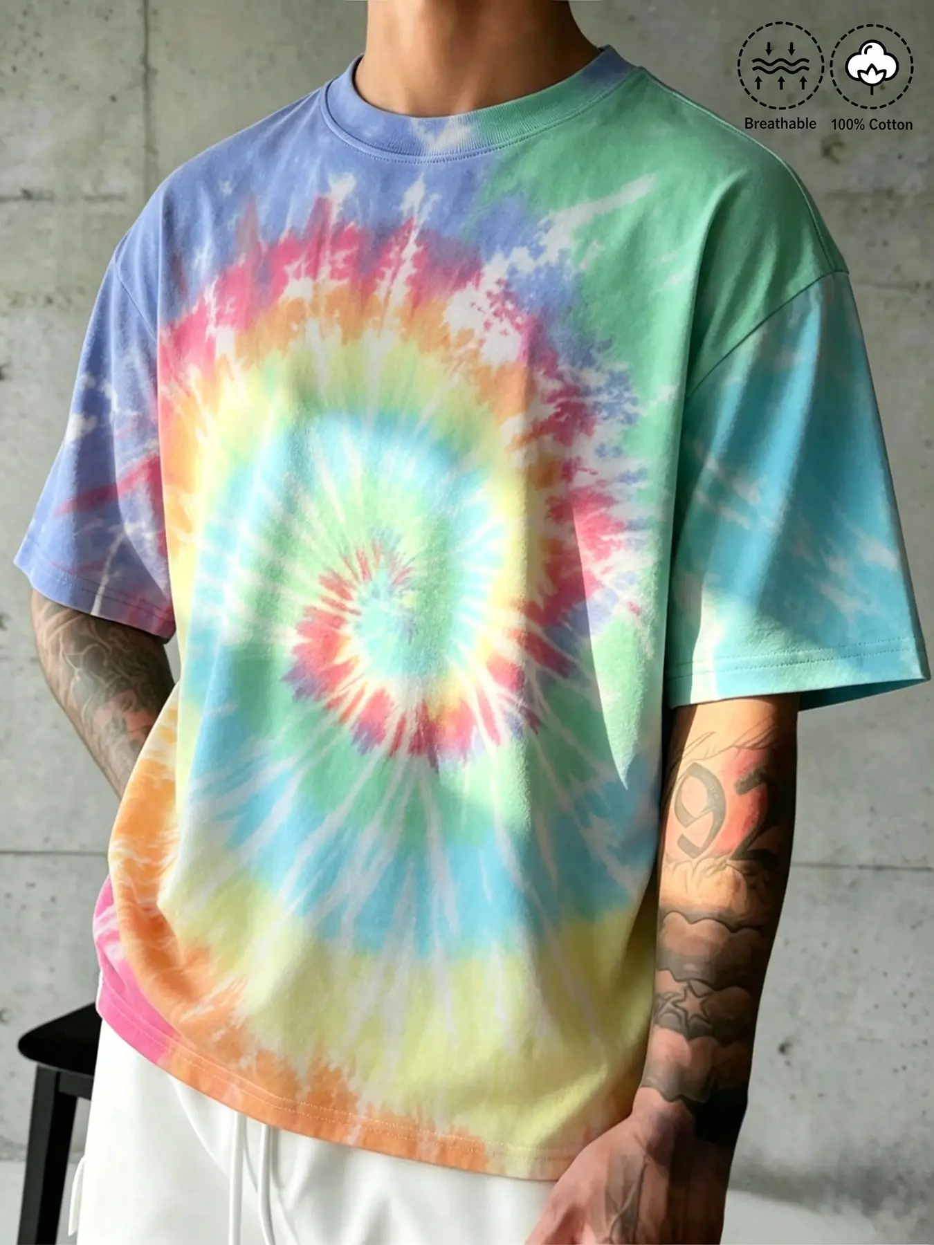 Men's Macaron Tropical Rainbow Tie Dye T-Shirt, 240g 100% Cotton, Oversized Round Neck, Soft Fabric, Y2K Style Streetwear Casual Top, Loose-Fitting