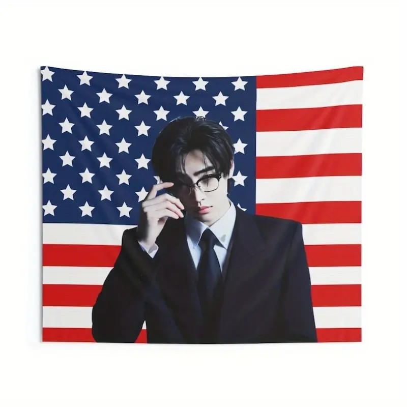 Sunghoon Suit Style American Tapestry, Durable Decorative Tapestry - Enha Kpop Concert Banner, World Tour Wall Decor, Peach Beige Fabric Home Decor, Patriotic Design, Durable Material, Fan Collectible, Exclusive for Event Organizers Home Decor