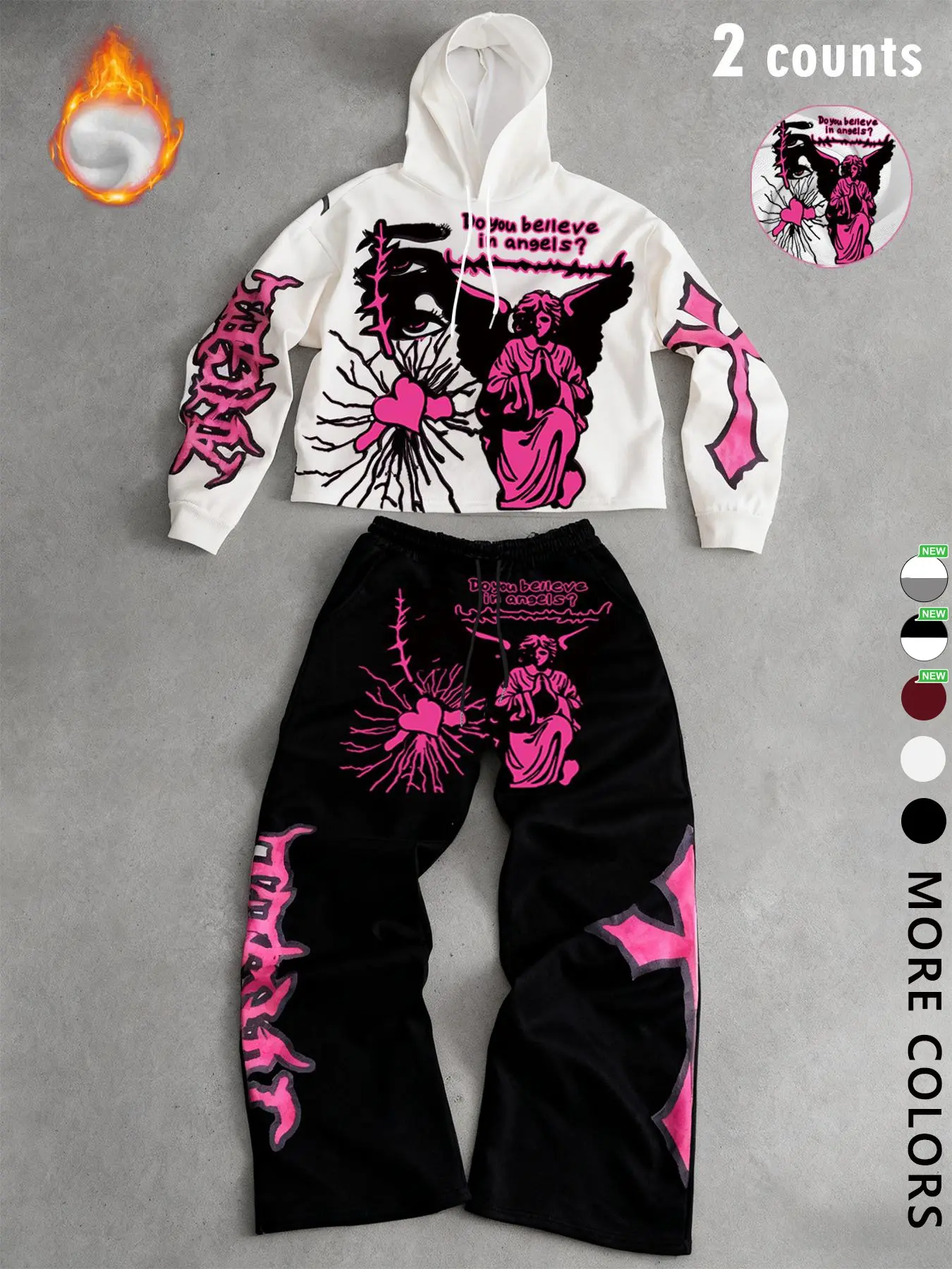 Tiktok Trendy Y2K Style Angel Graphic Hoodie Sweatshirt & Pants Matching Set Clothes, Fall Winter Fitted, Streetwear Gothic Couple Look, Casual Daily Wear Outfits