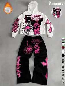 Tiktok Trendy Y2K Style Angel Hoodie & Pants Set, Fall Winter Fitted, Streetwear Gothic Couple Look, Casual Daily Wear