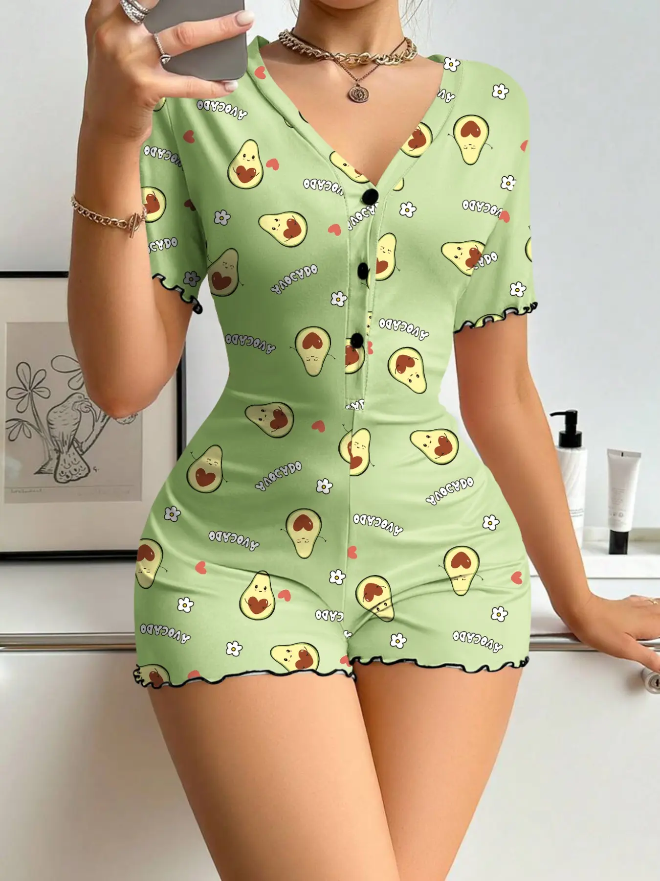 Cute Avocado Print Button Front Romper Pajamas for Women, Stylish V-Neck Short Sleeve Fitted Romper, Soft Comfortable Homewear for All Seasons, Mint Green, Casual Comfy Romper, Chic Romper