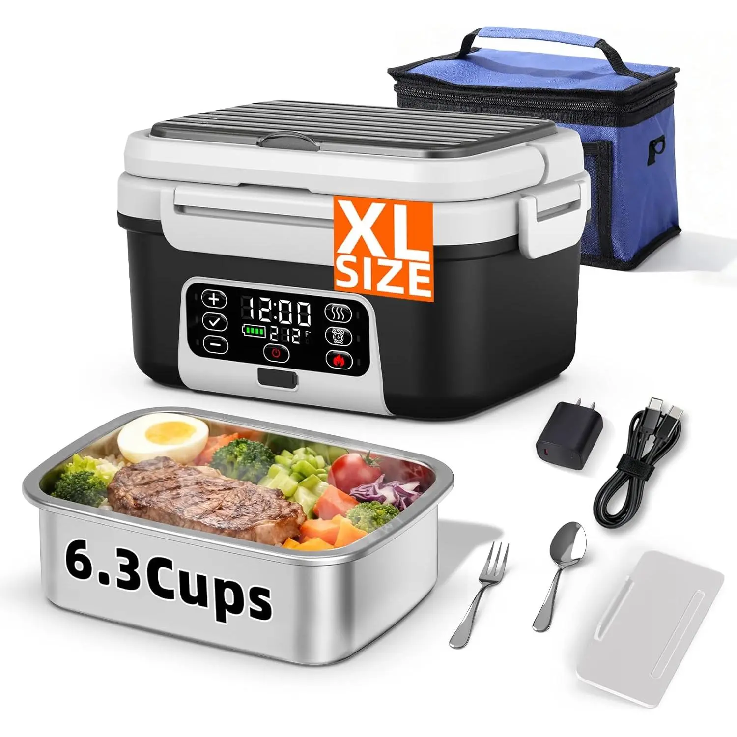 XL 6.3-Cups Cordless Electric Heated Lunch Box for Adults, 20000mAh Rechargeable    Self Heating Lunchbox for Men Women, 100W  Warmer for  Driver Travel Office Worker