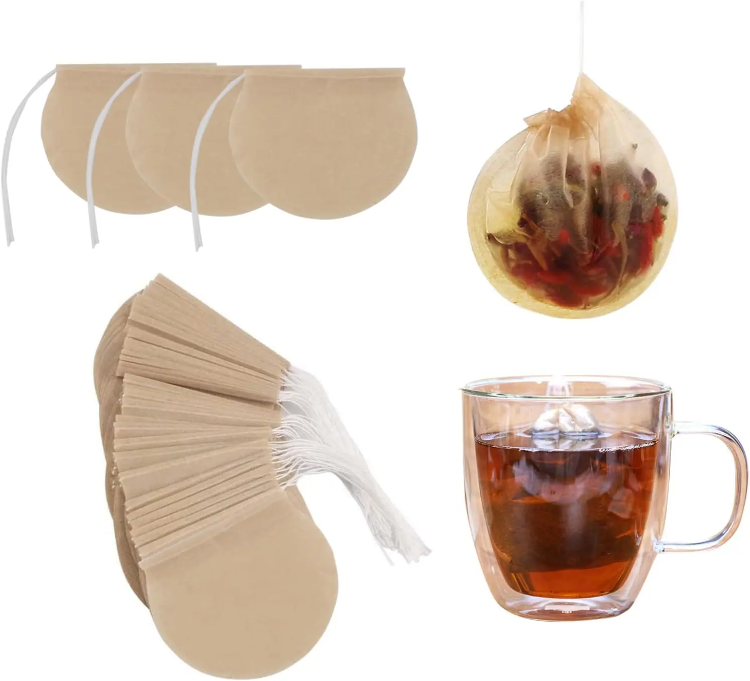 600 Packs Disposable Round Natural Tea Filter Bags, Empty Tea Bags Loose Leaf, Paper Drawstring Tea Bags Unbleached Tea Coffee Bags, Bath Spice Herbs Brewing Soup Bags