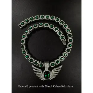 Angel Wing Pendant Necklace Hip Hop Jewelry Stainless Steel Emerald Crystal Cuban Chain Necklace Party Club Street Festival Fashion Gift For Men Women Unisex Trendy Luxury Bling Statement Accessories