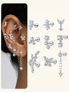 9pcs Hypoallergenic Flat Back Earrings for Women, Stainless Steel Earring Stacks Set, Silver Color Studs for Cartilage Helix Piercing, Stud Earring Jewelry, Flat Pierced Jewelry